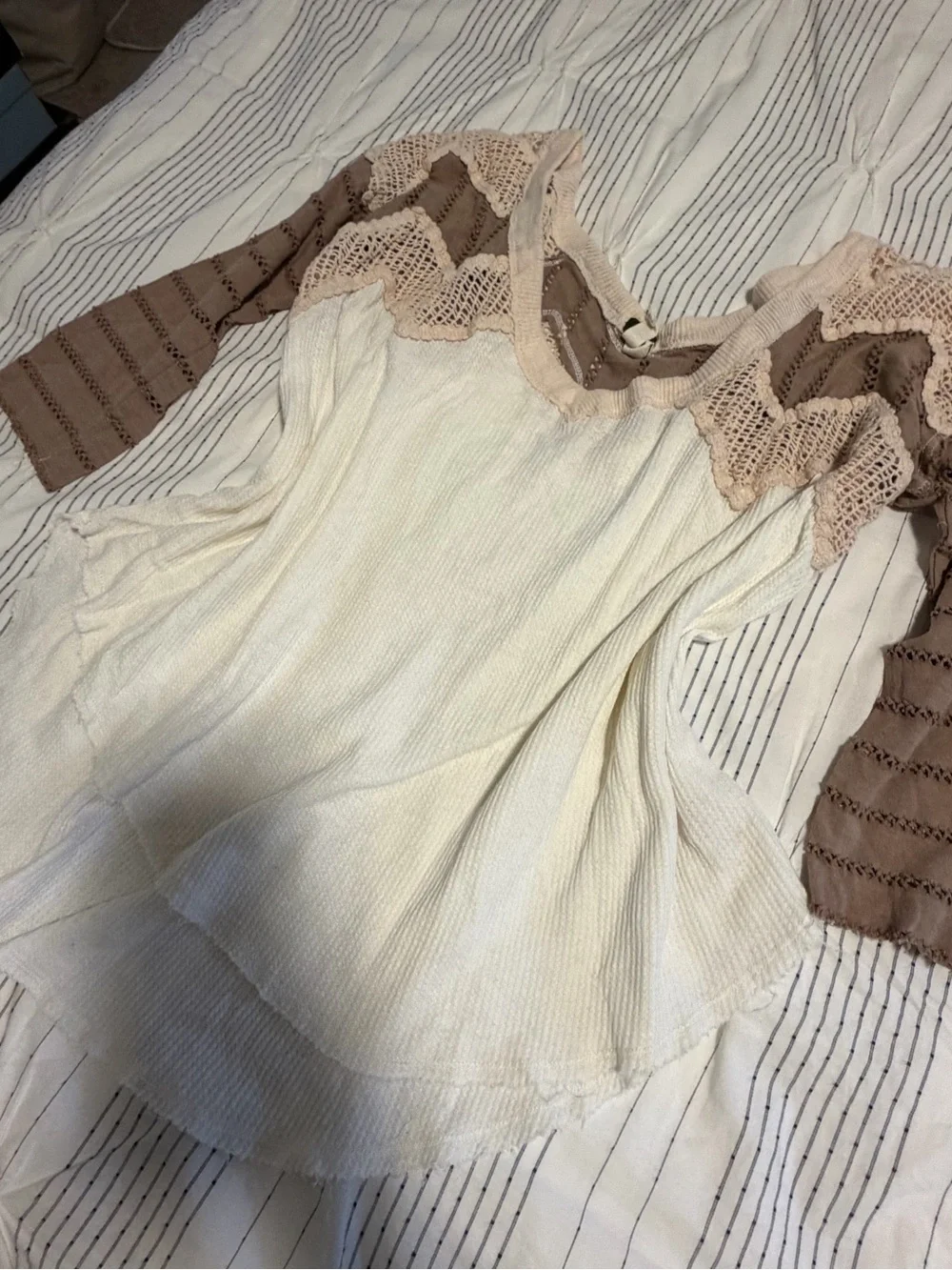 Free People Cream Ribbed 3/4 Sleeve Tee with Taupe Crochet Yoke